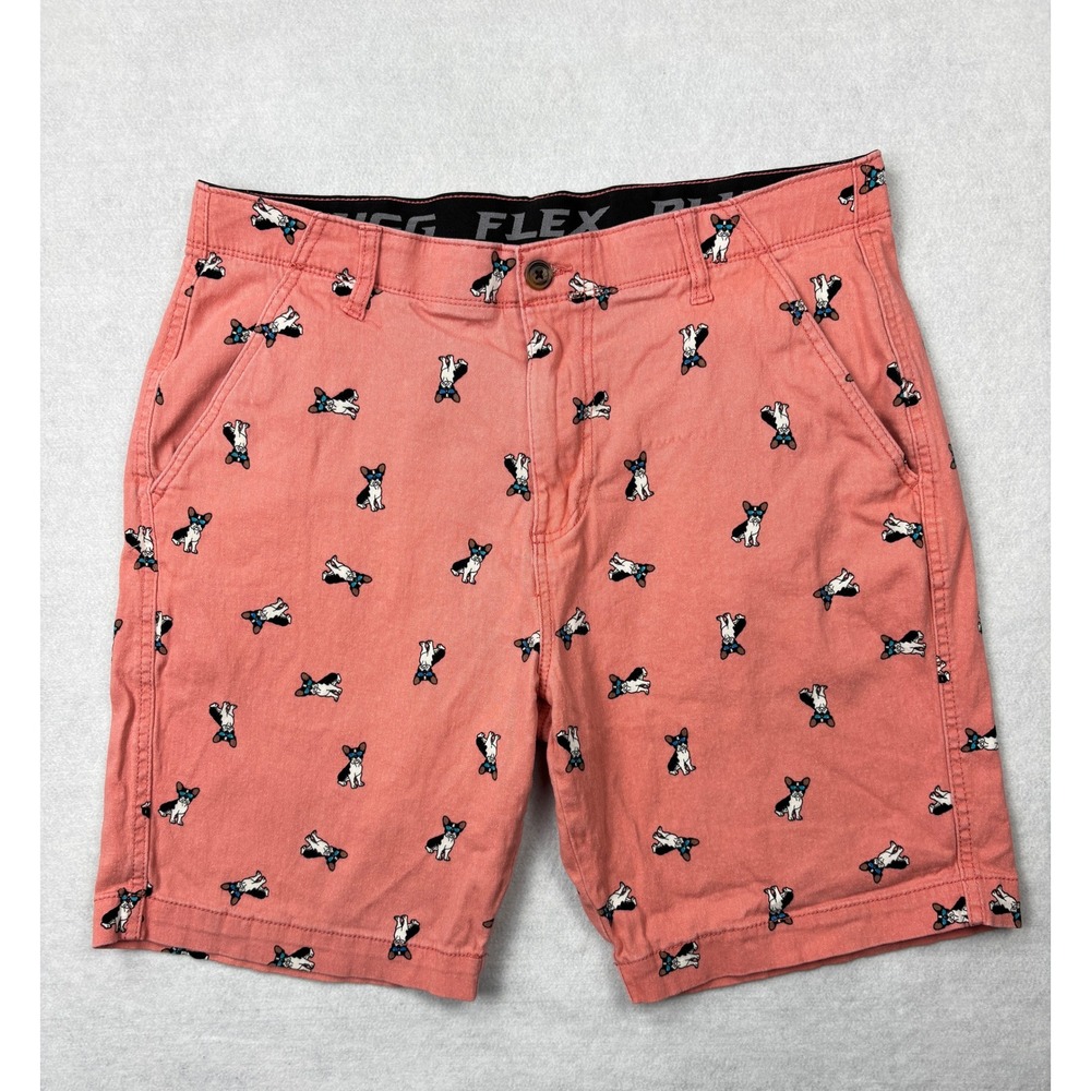 Plugg Flex French Bulldog Print Shorts Mens 34 Salmon Pink Stretch Chino 9"